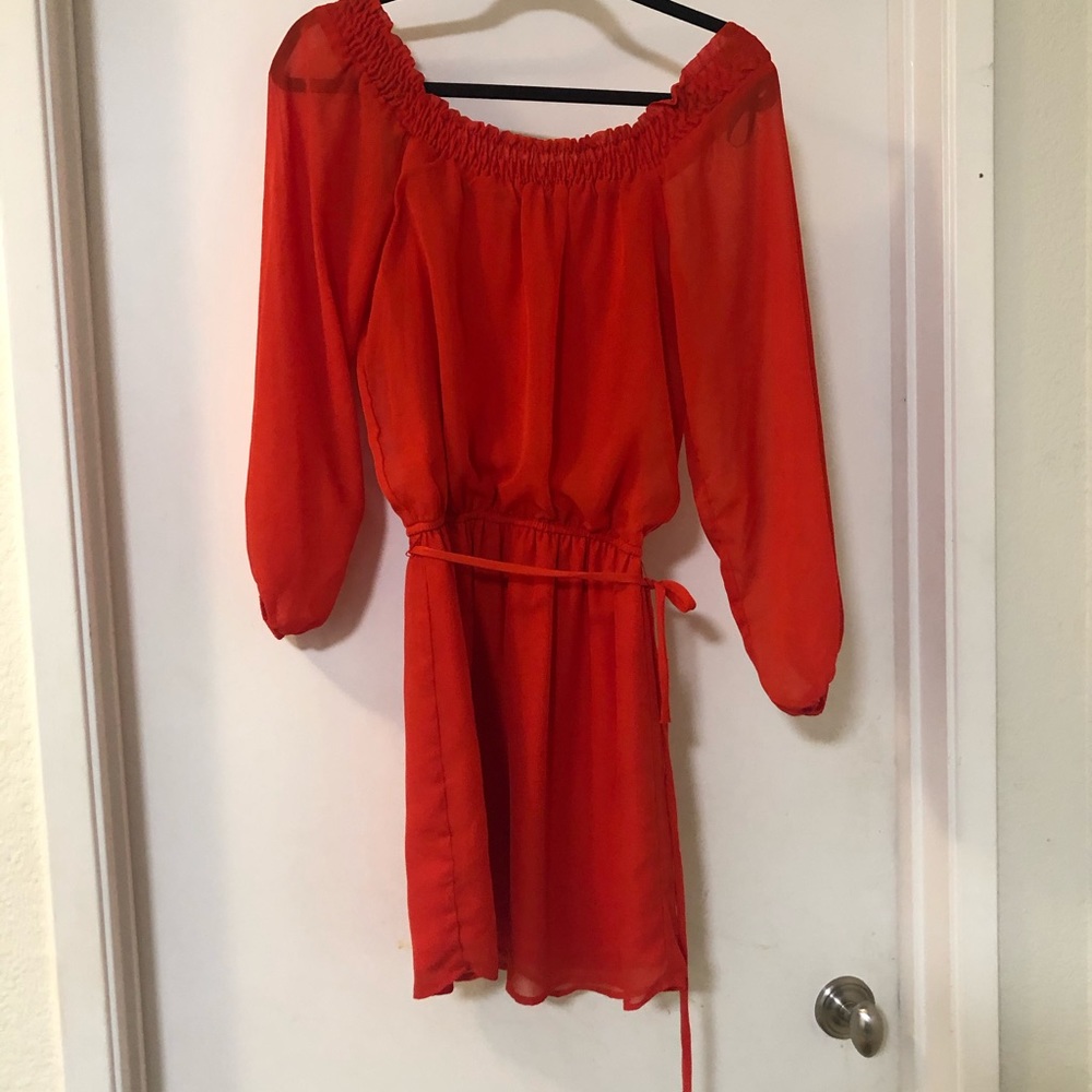Red Bebe off the shoulder dress